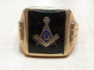 Vintage 10k Yellow Gold Jewelry Freemasons Masonic Enamel Signet Ring Size 11.  5