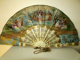 Antique 19th C Bone Hand Carved Gilt Sticks 2 Sided Hand Painted Scenes Fan