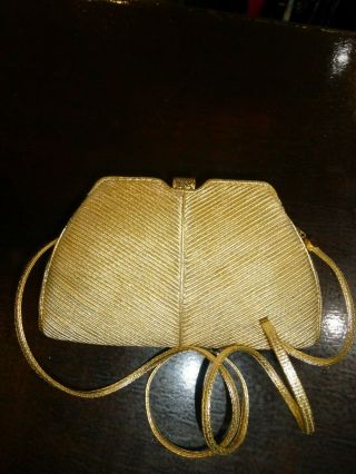 Vintage Judith Leiber Gold Pleated Leather Handbag Crystal Clasp Strap