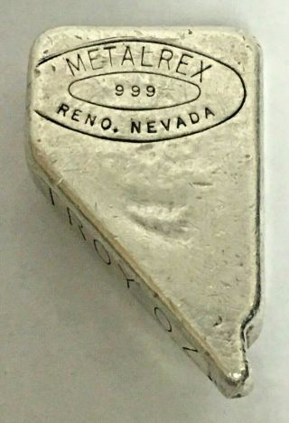 Metalrex Reno Nevada State Shaped 2.  49 Oz.  999 Pure Silver Poured Bar Rare
