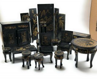Vintage Miniature Oriental Doll House Furniture Wood Black Table Chairs Screen