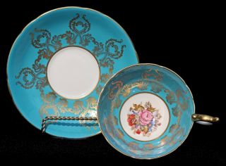 Vintage Aynsley Cup & Saucer Signed Ja Bailey Turquoise Blue Gold Floral 1543