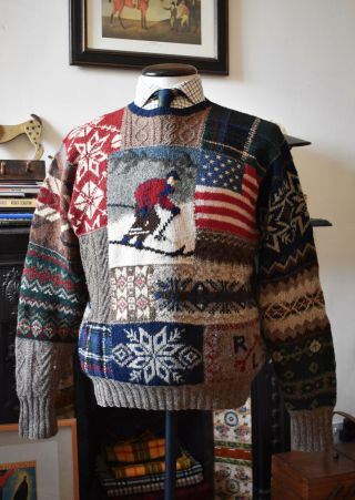 Vintage 1996 Polo Ralph Lauren Hand Knit Patchwork Ski Sweater Size L Rare Rrl