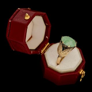 Antique Vintage Deco 18k Gold Chinese Carved Apple Green Jade Foliate Ring S 5.  5