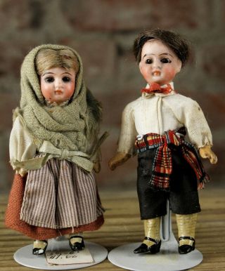 Pair Antique German Bisque Miniature Dolls Boy Girl Swivel Heads Orig Clothes Nr