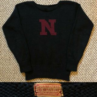 Vintage Vtg 1940s 40s Varsity Letterman Boat Neck Black Wool Sweater N