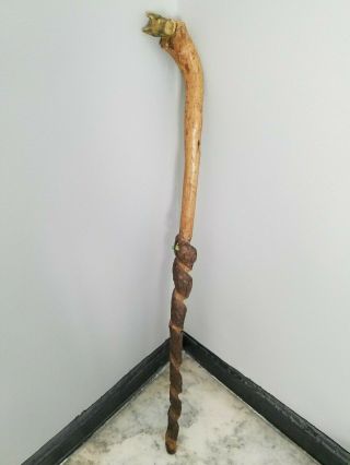 Unique Primitive Antique Folk Art Brass Dog Wooden Carved Cane Walking Stick