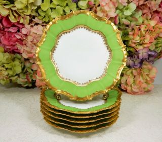 6 Antique Limoges France Ovington Brothers Porcelain Plates Green Gold Encrusted