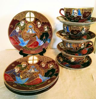 Vintage Satsuma Porcelain Moriage Teacup,  Saucer,  Dessert Plate 12pc Set