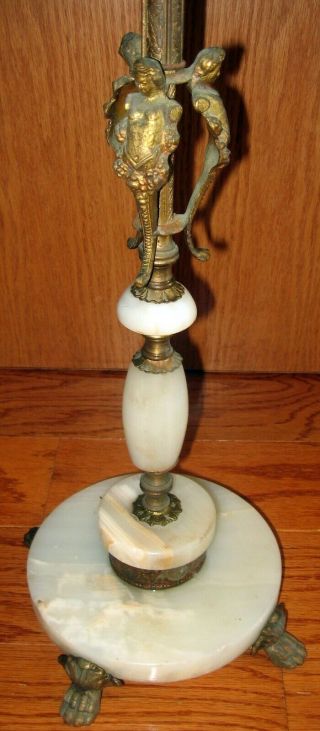 Antique Floor Lamp Brass Marble/Alabaster Base nude mermaid claw feet ornate vtg 4