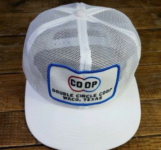 Vtg Double Circle Coop Waco White Mesh Snapback K Products Trucker Hat Cap Patch