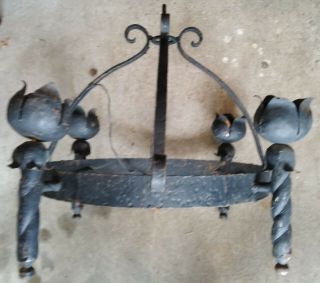 Antique Chandelier Arts Crafts Gothic Medieval Wrought Iron Hanging Light Flames