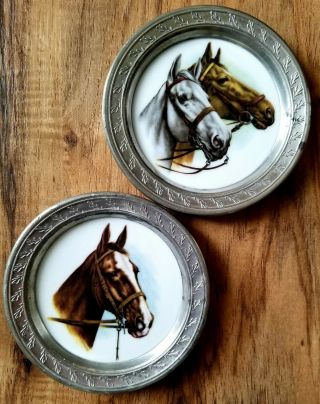 Coasters.  Rare Ak Kaiser Sterling Silv,  Hand Painted,  Porc.  Horses Heads.  19&21