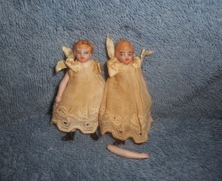 Antique German Bisque 2.  25 " Dollhouse Doll House Twin Set Girl Child Baby Dolls