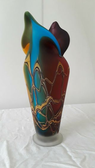 Vintage E.  Zareh Blown Art Glass Vase Sculpture Purple Yellow Blue Red Russia