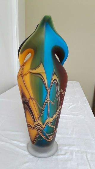 Vintage E.  Zareh Blown Art Glass Vase Sculpture Purple Yellow Blue Red Russia 5