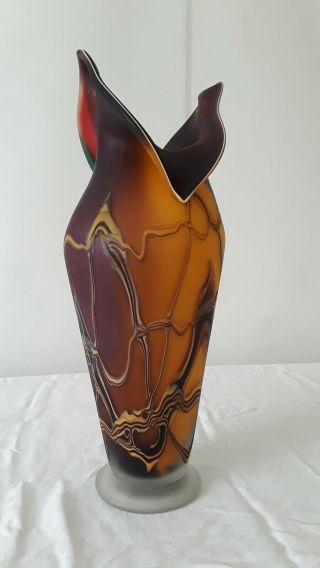 Vintage E.  Zareh Blown Art Glass Vase Sculpture Purple Yellow Blue Red Russia 7