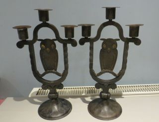 Hugo Berger Goberg Owl Arts And Crafts Wrought Iron Candlesticks C1900
