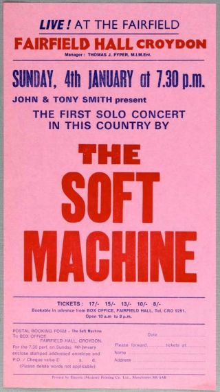 Soft Machine - Rare Vintage Orig Fairfield Hall,  Croydon 1970 Concert Handbill