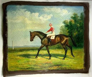 Jockey On Horse 11 Oil Painting On Fabric 28 " X 24 " Horse Racing Vtg