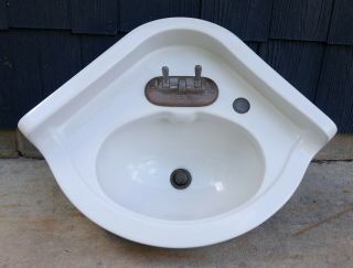 Vintage 1950 Crane Porcelain Corner Sink Backslpash Rare Copper Lever Faucet