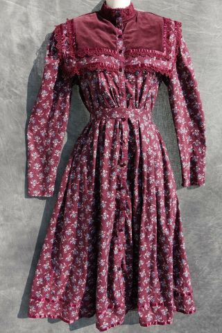 Gunne Sax Vintage Prairie Puritan Collar Boho Dress W/pockets Sz 9 Lace Floral