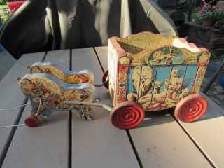 Vintage Gong Bell Co Wood Circus Wagon With Horses 1950s