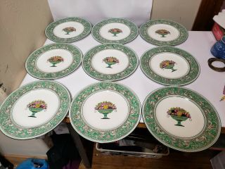 Rare Wedgwood Florentine Green Fruit Urn Dinner Plates 10 1/2 " Set Of 9
