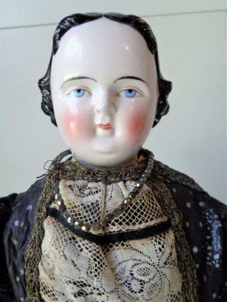 18 " Antique 1800s German China Head Doll Civil War Era High Brow Black Hair