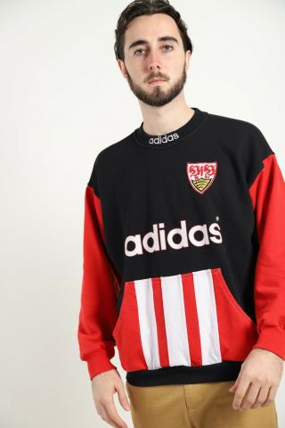 Vintage 80s ADIDAS Spell Out Stuttgart Football Club Sweatshirt Black | Medium M 2