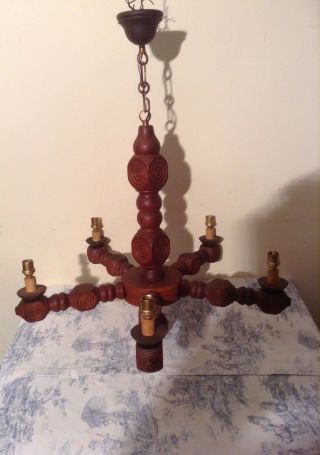 Vintage French Carved Wooden Farmhouse 5 Arm Chandelier Light (2548)