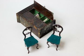 Vintage Tin Miniature Dollhouse Linen Closet And Two Chair 