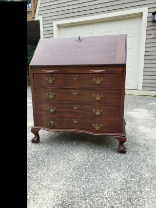 Antique Drop Front Mahogany Desk By Maddox Serpentine Front Ball & Claw Feet