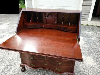 Antique Drop Front Mahogany Desk by Maddox Serpentine Front Ball & Claw Feet 3