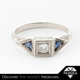 Antique Art Deco 14k Solid White Gold Diamond & Trillion Sapphire Ring 0.  10ctw