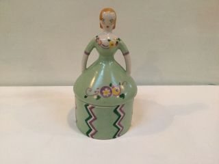Vintage Stangl Fulper Pottery Covered Powder - Trinket Box - Art Deco Girl - Lt Green
