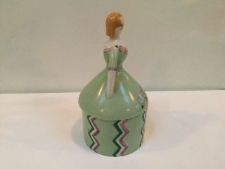 Vintage STANGL FULPER Pottery Covered Powder - Trinket Box - Art Deco Girl - Lt Green 2