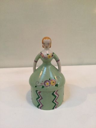 Vintage STANGL FULPER Pottery Covered Powder - Trinket Box - Art Deco Girl - Lt Green 5