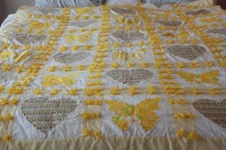 Vintage Patchwork Full Handmade Quilt Handtied Yellow White Hearts Butterflies