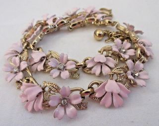 Trifari Necklace Pink Wild Rose Floral Enameled Rhinestones Vintage Signed Gold