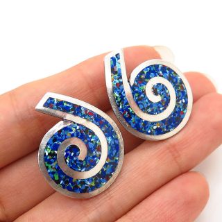 925 Sterling Vintage Mexico Colorful Enamel Spiral Swirl Screw Back Earrings