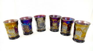 Set Of 6 Vintage Northwood Oriental Poppy Amethyst Carnival Glass Tumblers Htf