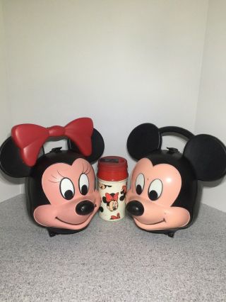 Vintage Disney 1980’s Alladin Mickey & Minnie Mouse Head Lunch Box W/ 1 Thermos