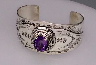 Vintage Navajo Mike Smith Signed Sterling Silver Amethyst Cuff Bracelet 3 X 1.  50