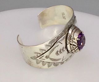 VINTAGE NAVAJO MIKE SMITH SIGNED STERLING SILVER AMETHYST CUFF BRACELET 3 X 1.  50 2