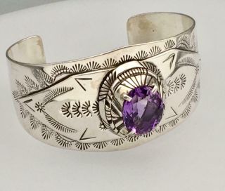 VINTAGE NAVAJO MIKE SMITH SIGNED STERLING SILVER AMETHYST CUFF BRACELET 3 X 1.  50 3