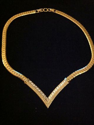 Vintage Christian Dior Gold Tone Rhinestone V Necklace