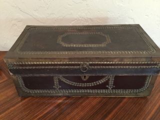 Antique Wood Leather Metal Trunk Case Strong Box 19.  5x 9.  75x7.  75” Decorative