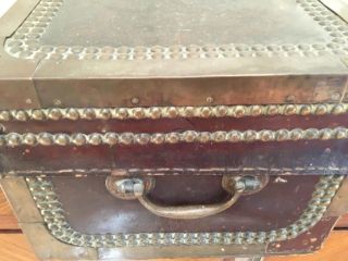Antique wood leather metal trunk case strong box 19.  5x 9.  75x7.  75” DECORATIVE 3