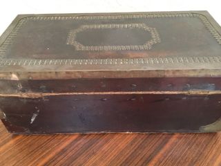 Antique wood leather metal trunk case strong box 19.  5x 9.  75x7.  75” DECORATIVE 4